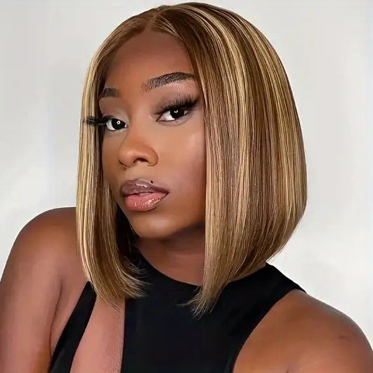 Short Bob Wig for Women & - Natural-Looking Body Wave Synthetic Hair with Golden Brown/Blonde/Beige/Brunette Ombre, Heat-Resistant Fiber & Breathable Mesh Cap, Middle Part Short Cut Wig for Daily Wear, Suits All Beige Tones &