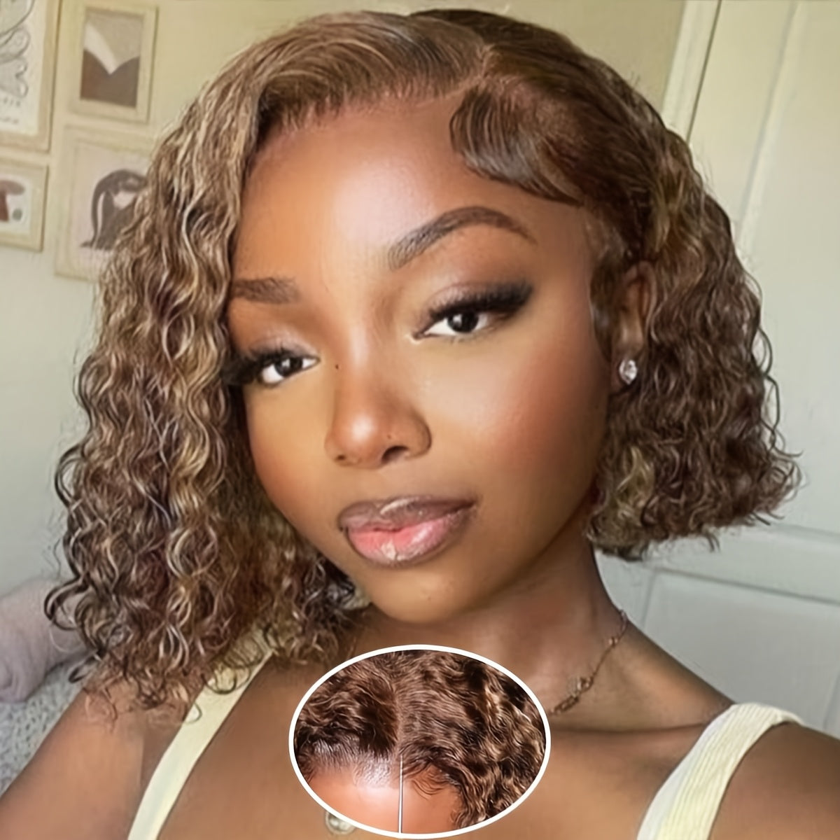 Brazilian Human Hair Short Bob Wig with 13x4 Lace Front - Brown to Blonde Ombre Curly Wigs for Women & Men, 200% Density Water Wave Bob Cut, Full Lace Frontal Wig for Sensitive Scalp (/Korean Style)