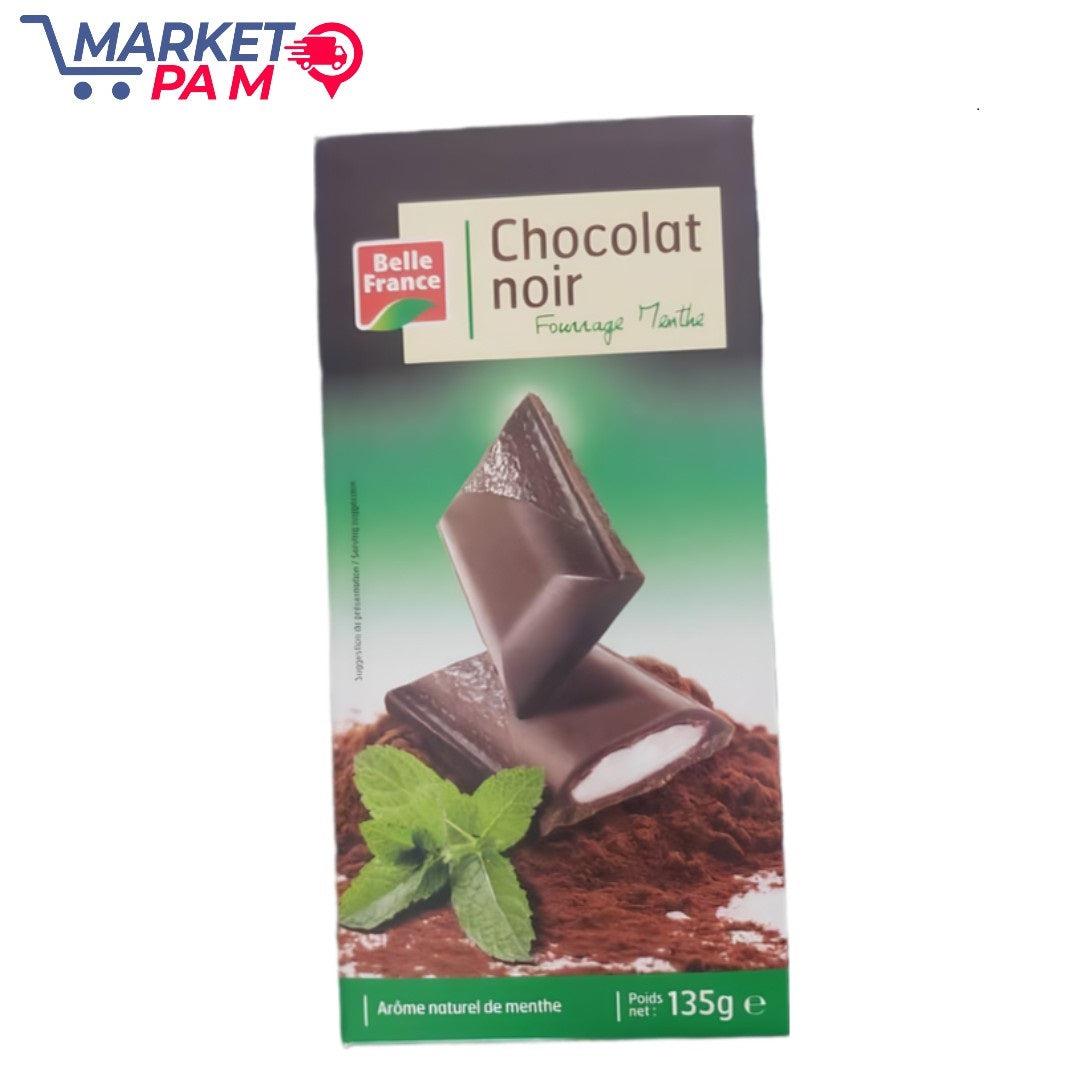 Suggestion de présenation/Serving Belle France Chocolat noir Fourrage Menthe Arôme naturel de menthe Poids net: 135g e