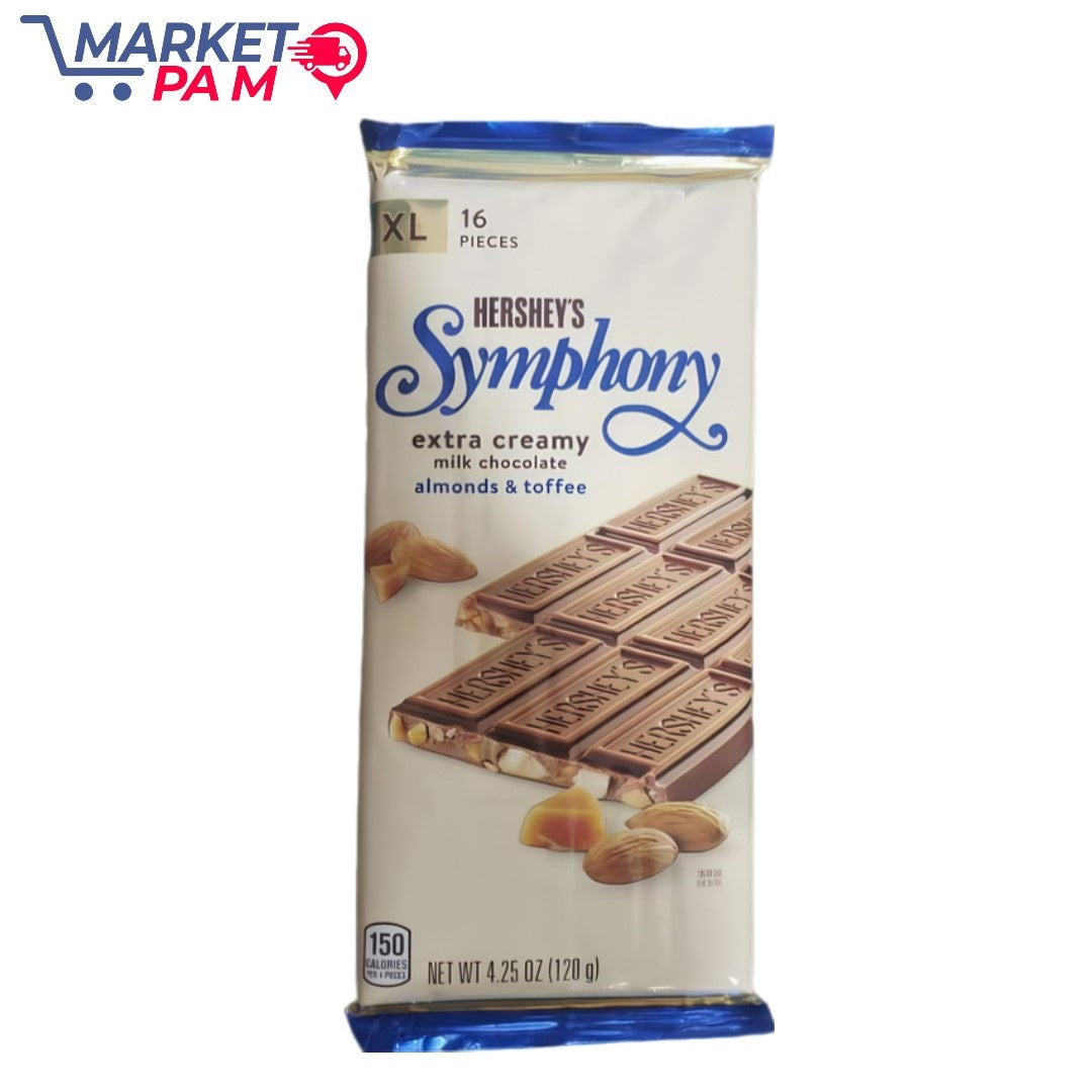 HERSHEY'S Symphony extra creamy milk chocolate almonds & toffee HERSHEY'S  150 CALORIES PEN & PEEKS NET WT 4.25 OZ (120 g)