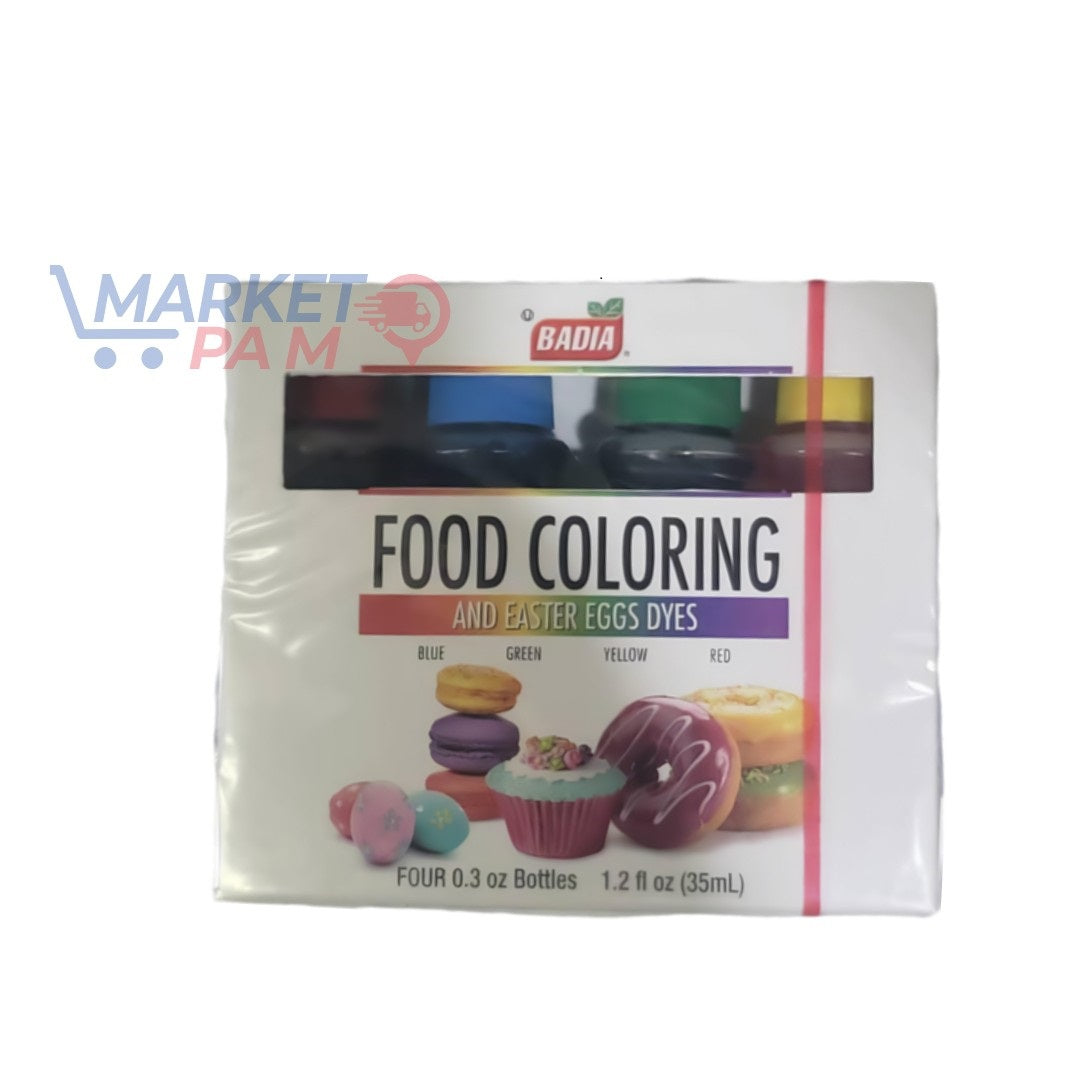 BADIA, FOOD COLORING, FOUR 0.3 OZ BOTTLES 1.2 FL OZ (35 ML)