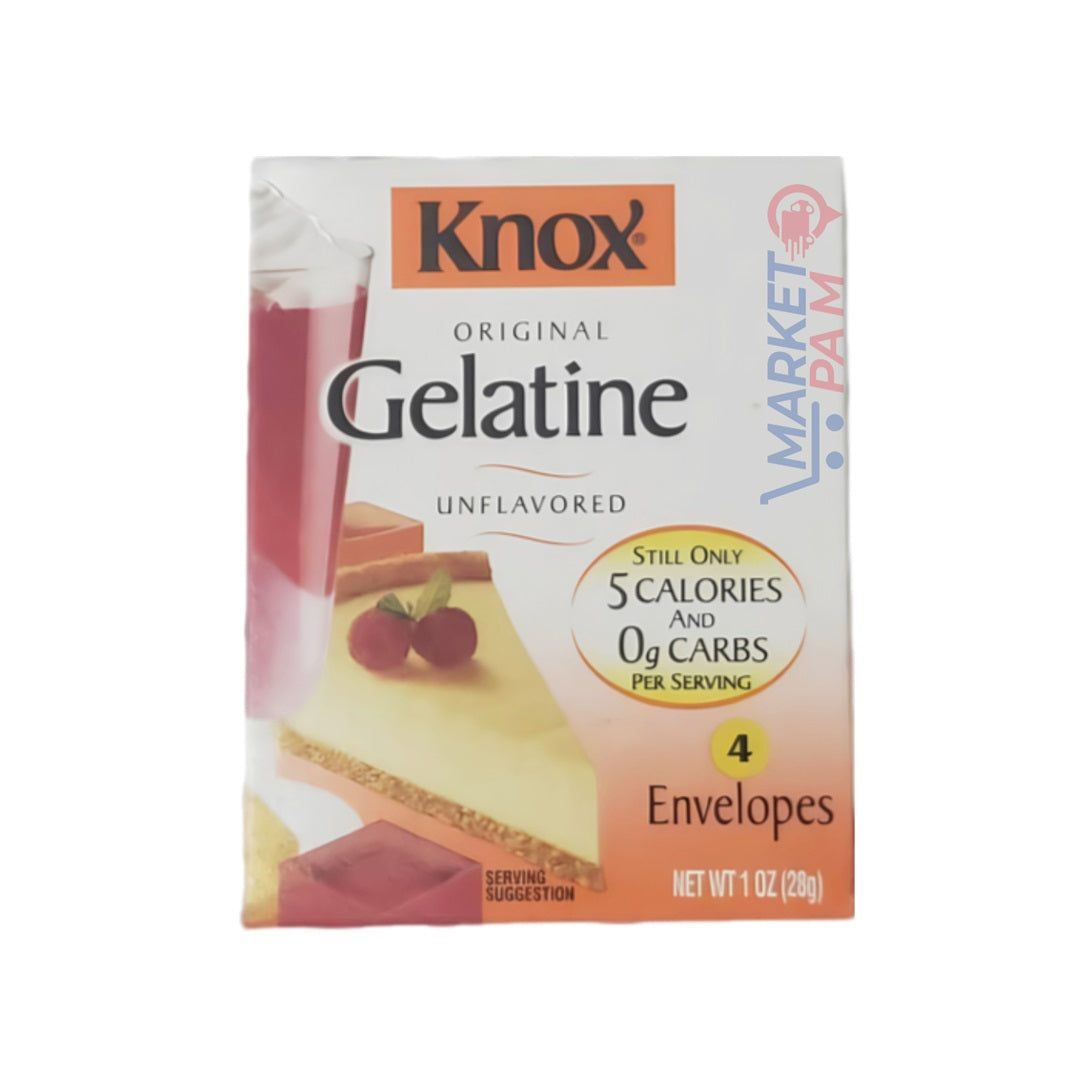 KNOX ORIGINAL GELATINE, UNFLAVORED/ STILL ONLY 5 CALORIES ANG 0 g CARBS PER SERVING/ NET WT 1 OZ (28g)