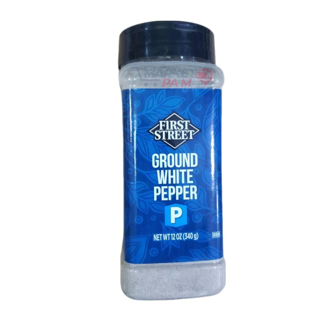 FIRST STREET │GROUND WHITE PEPPER/ P │ NET WT :; 12 OZ (340g)