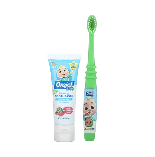 Orajel, Enfants, Cocomelon dentifrice d'entraînement avec brosse à dents, Sans fluor, 0-3 ans, Pastèque, Ensemble 2 pièces, 28,3 g