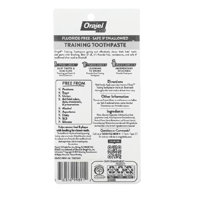 Orajel, Enfants, Cocomelon dentifrice d'entraînement avec brosse à dents, Sans fluor, 0-3 ans, Pastèque, Ensemble 2 pièces, 28,3 g