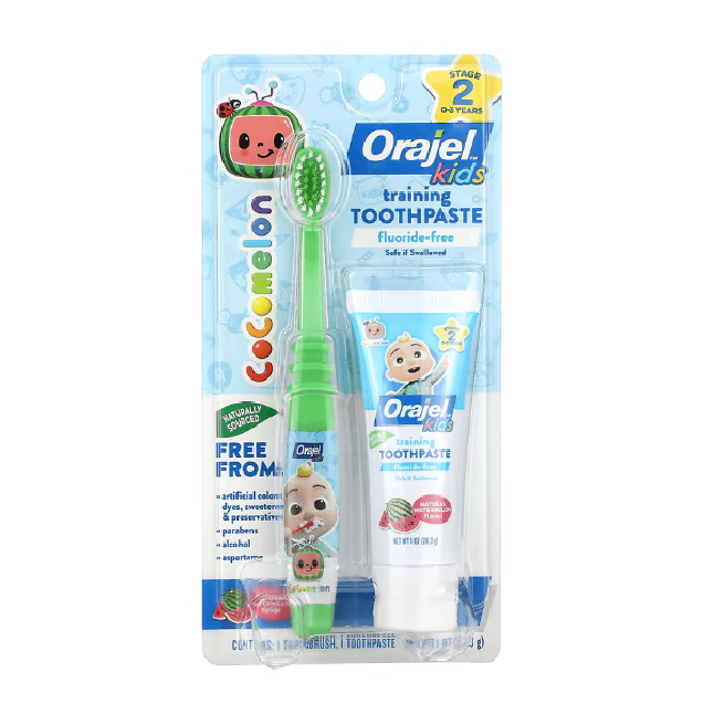 Orajel, Enfants, Cocomelon dentifrice d'entraînement avec brosse à dents, Sans fluor, 0-3 ans, Pastèque, Ensemble 2 pièces, 28,3 g