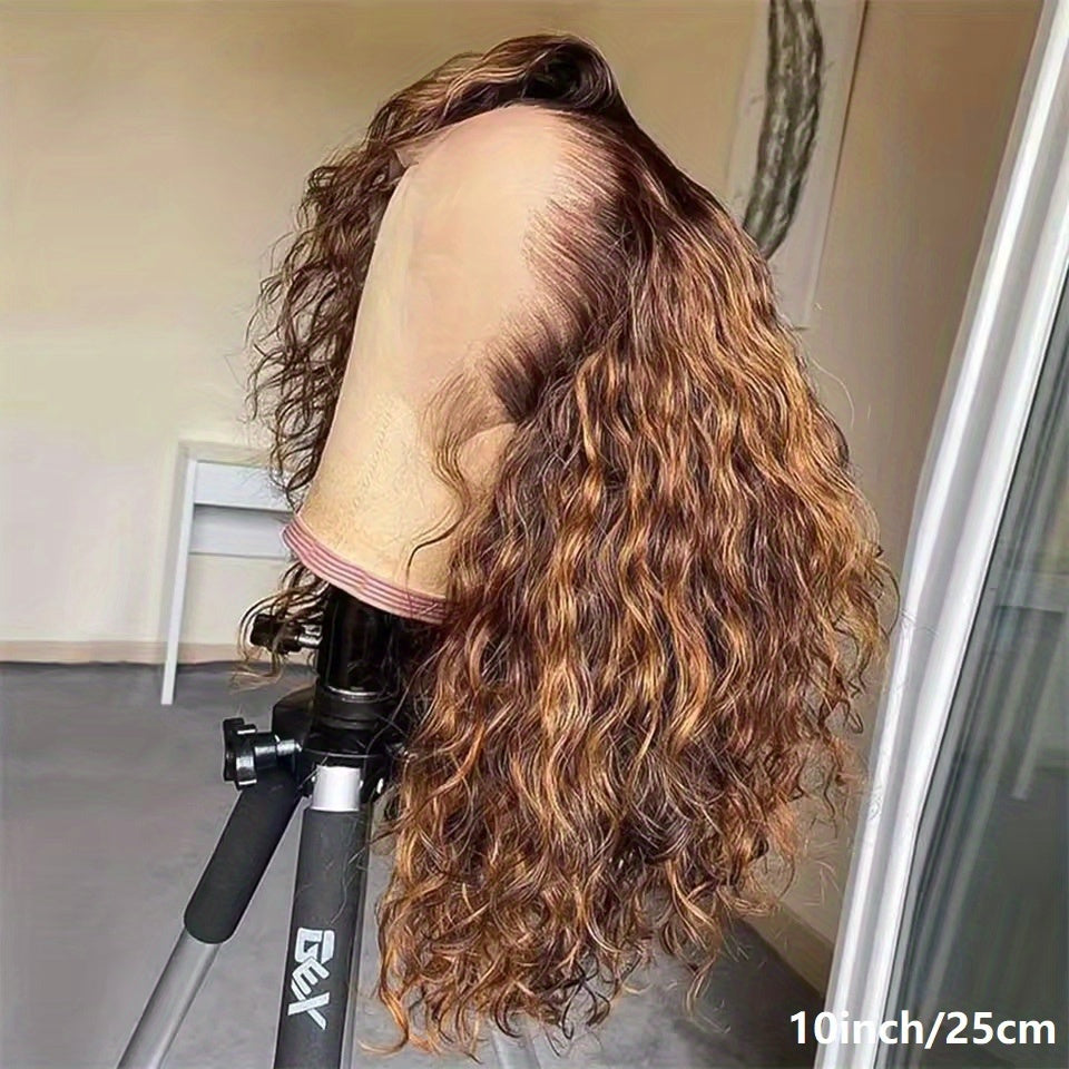 Brazilian Human Hair Short Bob Wig with 13x4 Lace Front - Brown to Blonde Ombre Curly Wigs for Women & Men, 200% Density Water Wave Bob Cut, Full Lace Frontal Wig for Sensitive Scalp (/Korean Style)