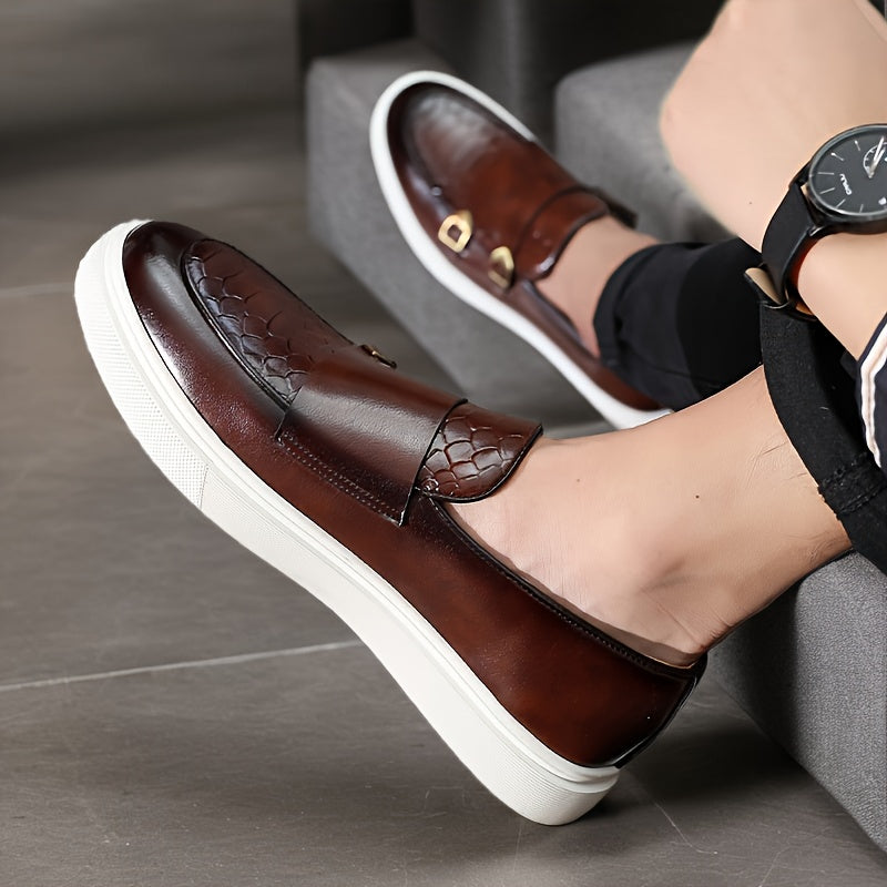 Men'S Slip-on Loafers Business Casual Black& Brown& Golden Carp Scale& Metal Buckle Decoration PU Cushioned Insole Anti-slip Rubber Sole Formal Meeting Shoes Daily Wear Round Toe Cap Suitable for Office/Party/Street Style Com