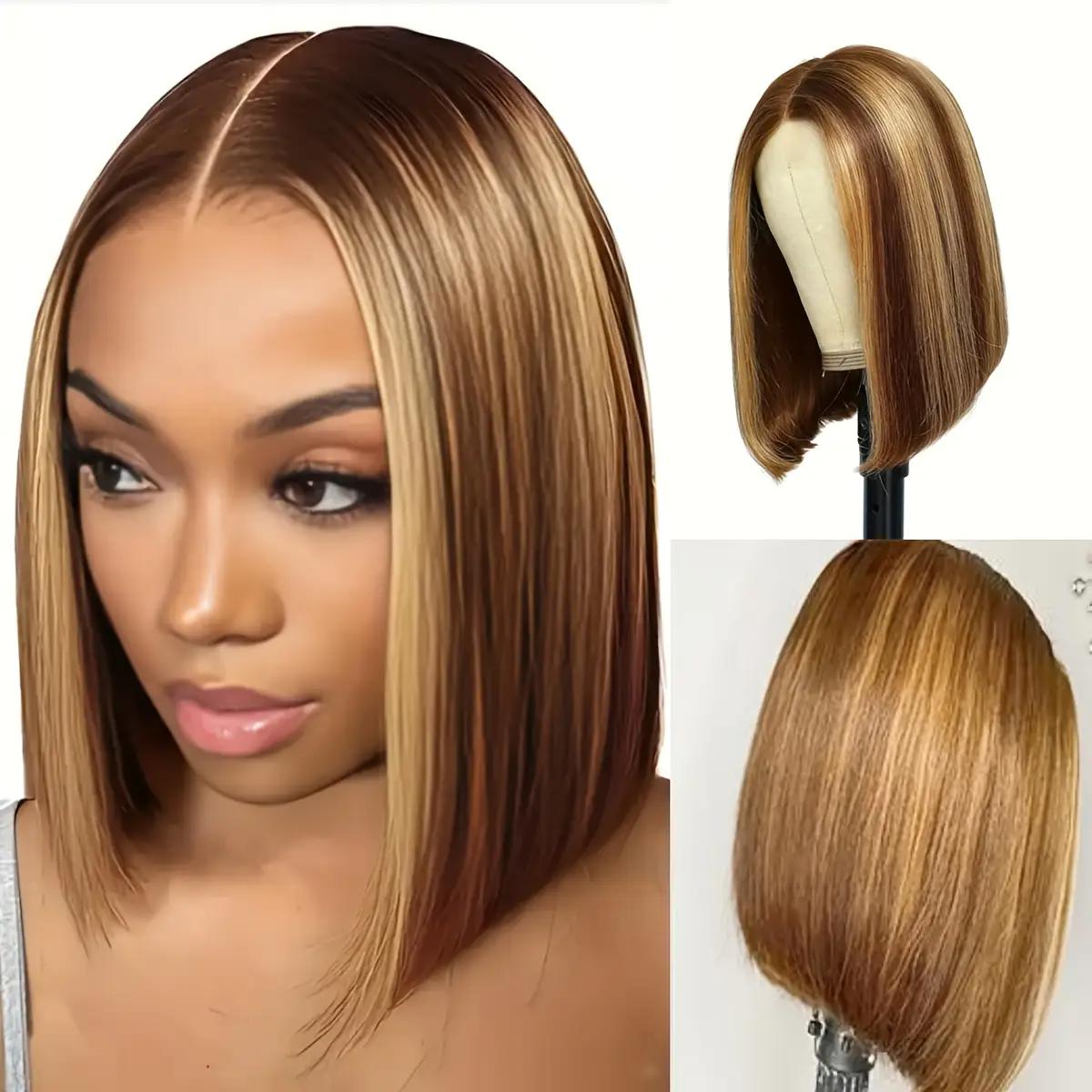 Short Bob Wig for Women & - Natural-Looking Body Wave Synthetic Hair with Golden Brown/Blonde/Beige/Brunette Ombre, Heat-Resistant Fiber & Breathable Mesh Cap, Middle Part Short Cut Wig for Daily Wear, Suits All Beige Tones &