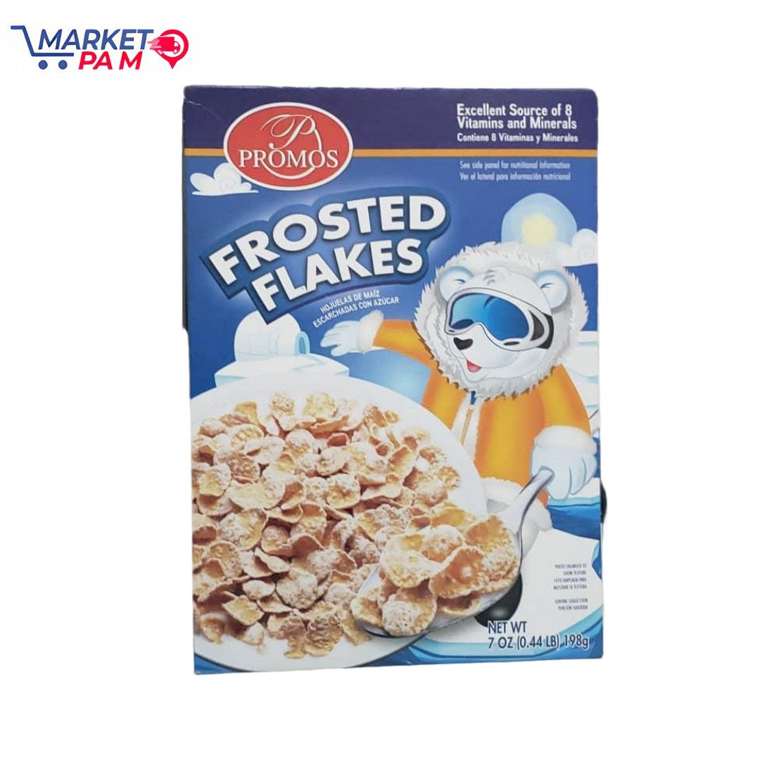 PROMOS, FROSTED FLAKES, VITAMINS AN MINERALS , 8 VITAMINES Y MINERALES, NET WT 7 OZ (0.44 LB) 198 g