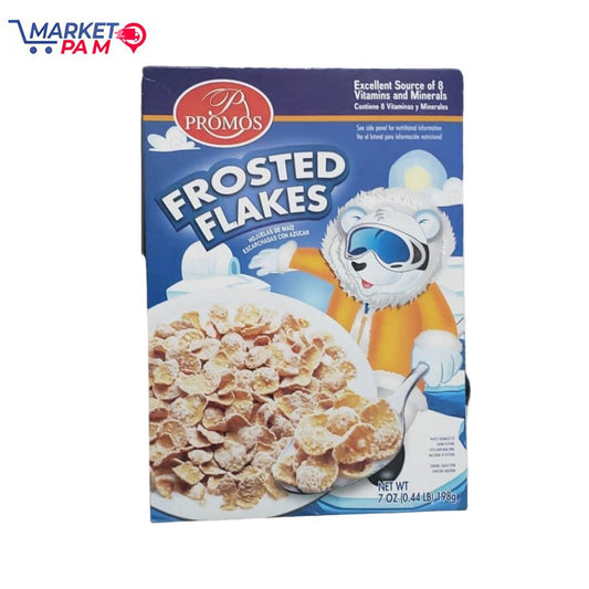 PROMOS, FROSTED FLAKES, VITAMINS AN MINERALS , 8 VITAMINES Y MINERALES, NET WT 7 OZ (0.44 LB) 198 g