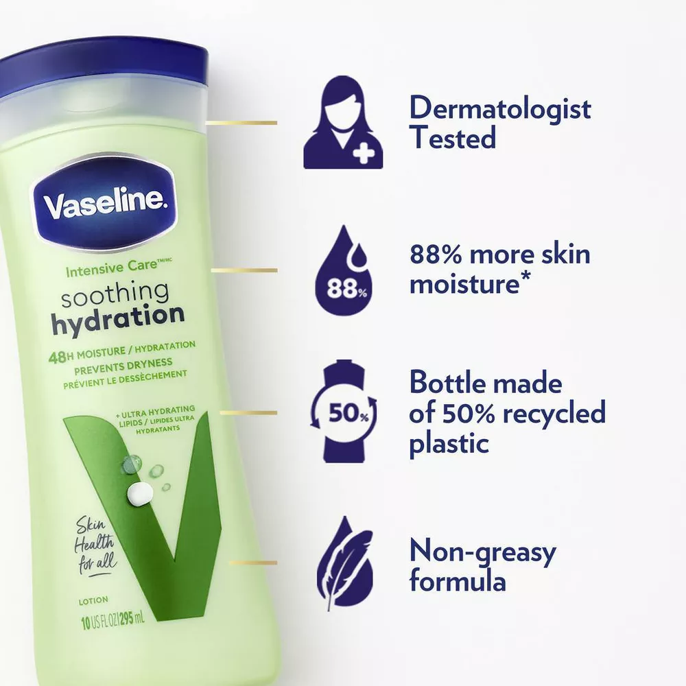 Vaseline Intensive Care Moisturizing Body Lotion with Aloe Vera Soothing Hydration (10US FL OZ │ 295 ml)