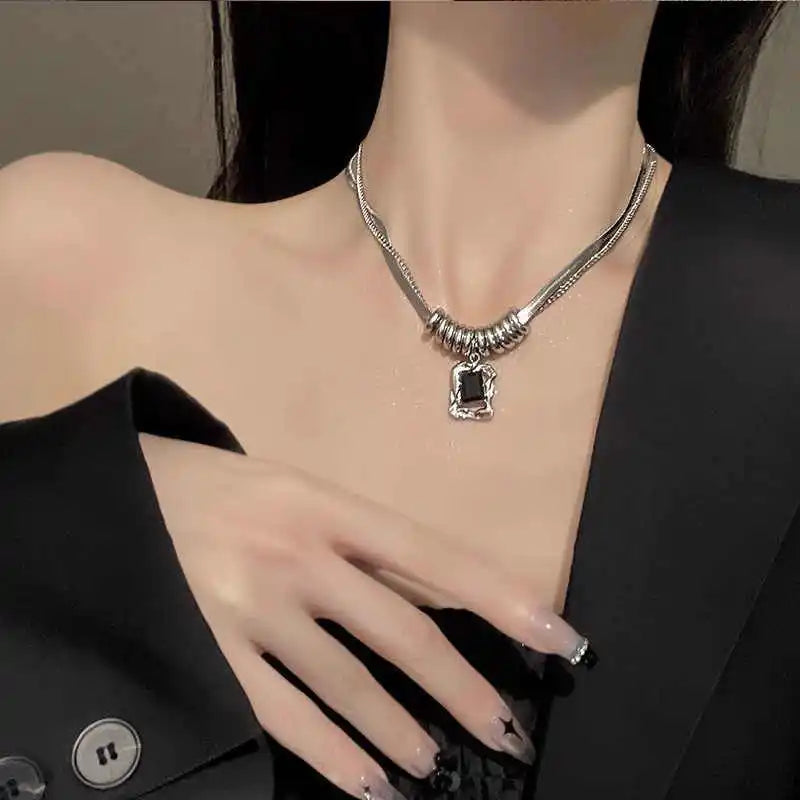 Layered Stainless Steel Chains Choker Necklace for Women Gothic Style Square Crystal Pendant Necklace Girls Sweater Chains New