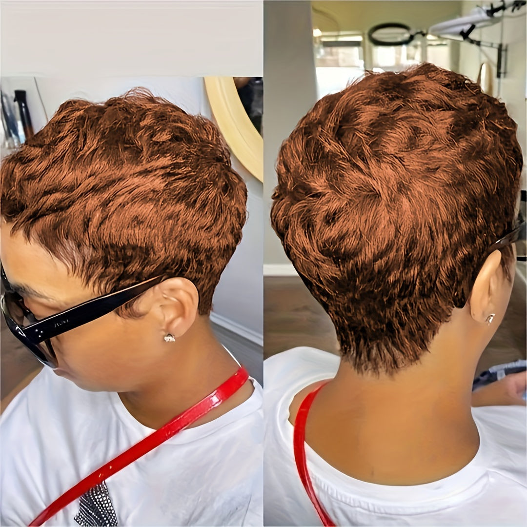 Brazilian Human Hair Wig Pixie Cut Short with Bangs - 180% Density Rose Net Cap Machine-Woven Wig for Women, Natural Straight Hair, Elegant Style, Fit All Ethnicities, Short Hair Wig, Versatile Hairpiece, Chic Hairpiece