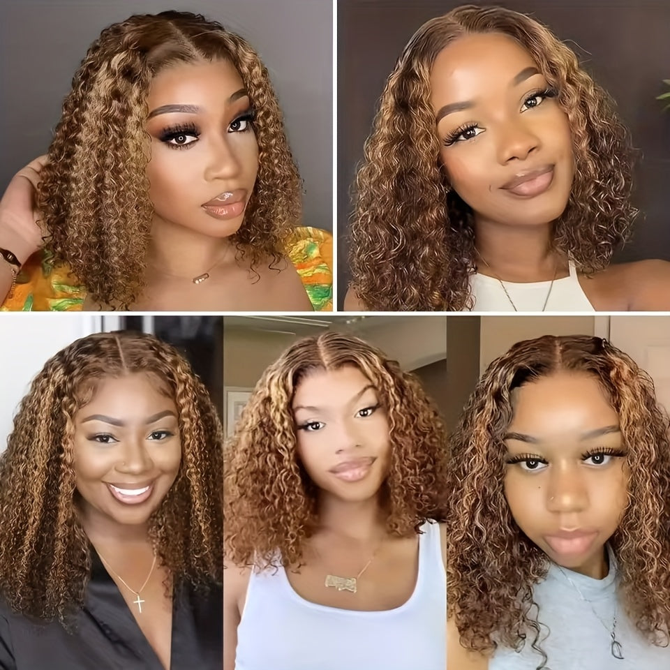 Brazilian Human Hair Short Bob Wig with 13x4 Lace Front - Brown to Blonde Ombre Curly Wigs for Women & Men, 200% Density Water Wave Bob Cut, Full Lace Frontal Wig for Sensitive Scalp (/Korean Style)