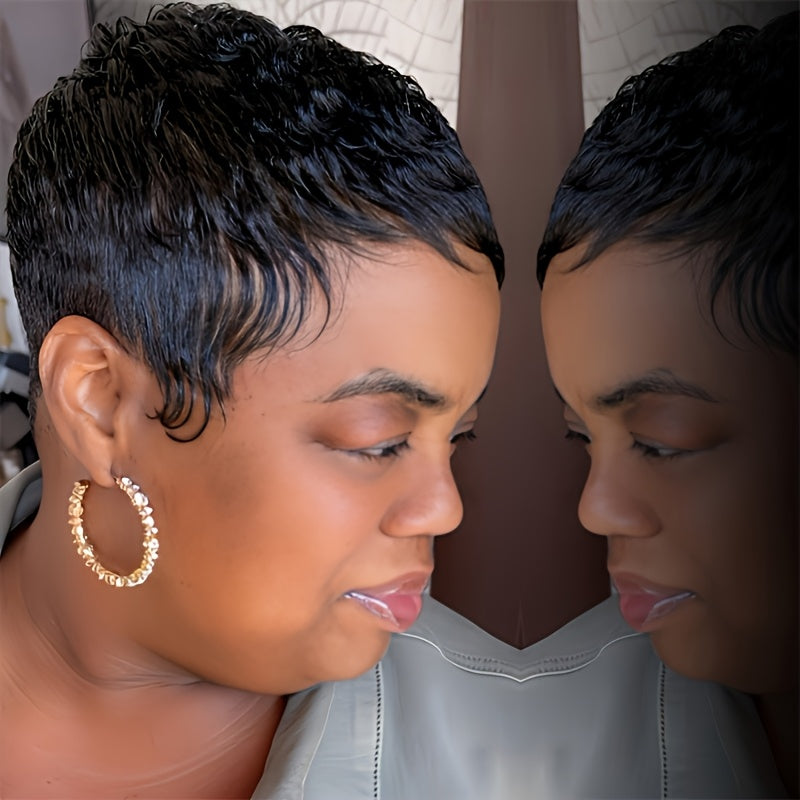 Brazilian Human Hair Wig Pixie Cut Short with Bangs - 180% Density Rose Net Cap Machine-Woven Wig for Women, Natural Straight Hair, Elegant Style, Fit All Ethnicities, Short Hair Wig, Quick Hairstyle Change, Sleek Hairstyle,