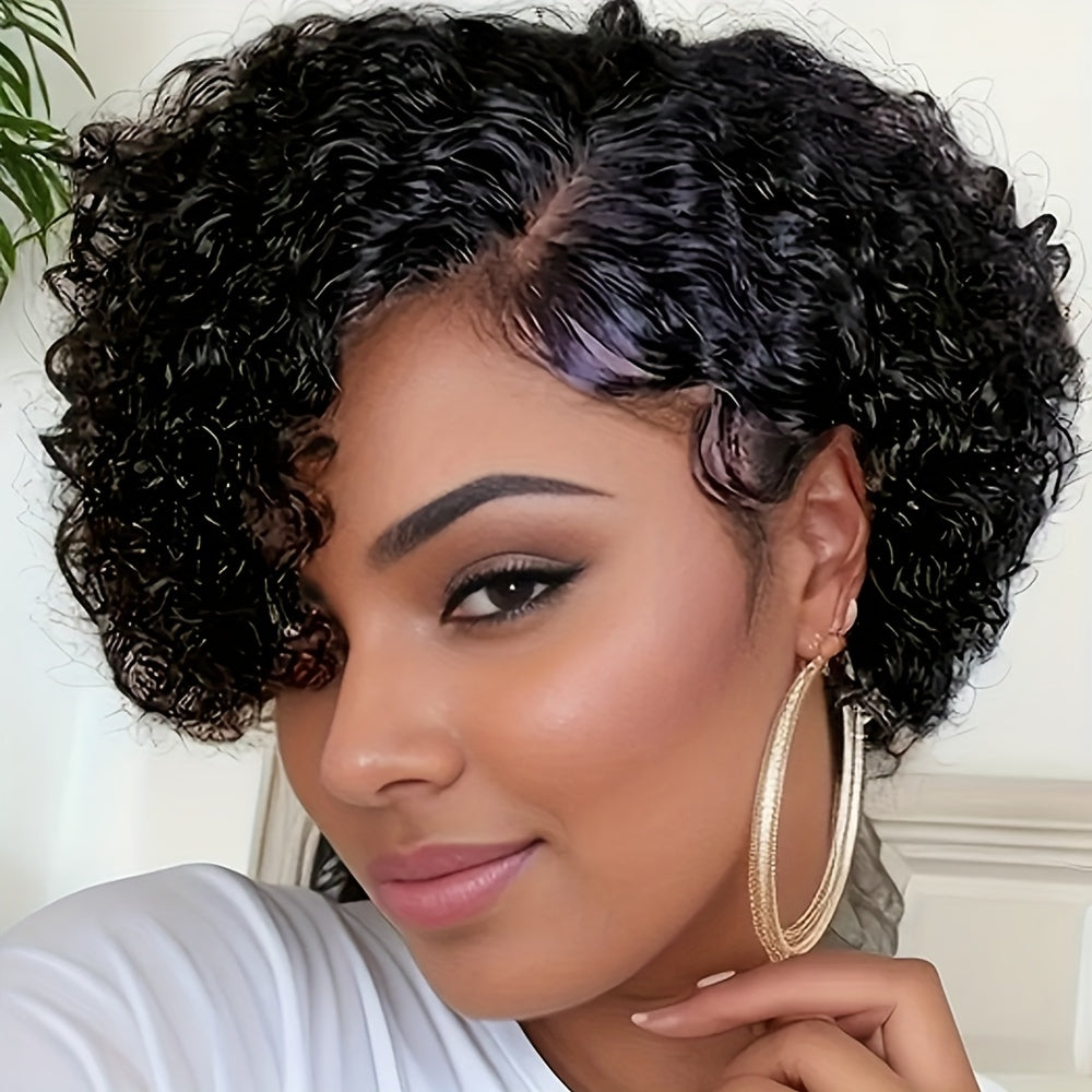 Women'S 13x4 Lace Front Human Hair Wig - Natural Black Short Bob with Water Wave Texture, Density Curly Pixie Cut, Elastic Band Closure & Breathable Lace for | Realistic Short Hairstyle for Everyday & Special Occasions (No Ma