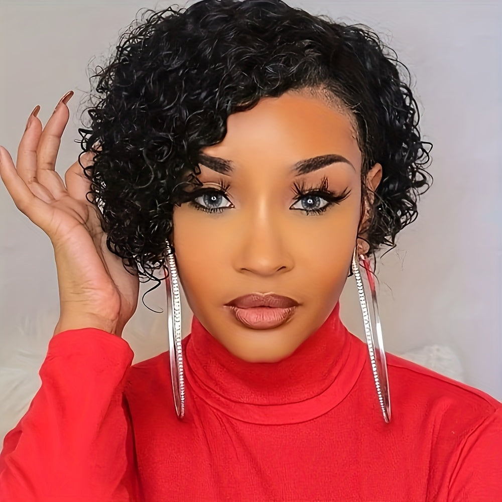 Women'S 13x4 Lace Front Human Hair Wig - Natural Black Short Bob with Water Wave Texture, Density Curly Pixie Cut, Elastic Band Closure & Breathable Lace for | Realistic Short Hairstyle for Everyday & Special Occasions (No Ma