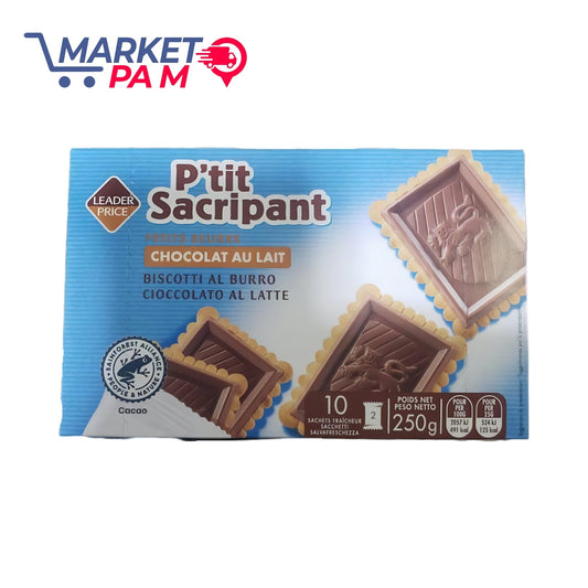 CHOCOLAT AU LAIT, P'TIT SACRIPANT, BISCOTTI AL BURRO,  POIDS NET 250 g (10 SACHETS )