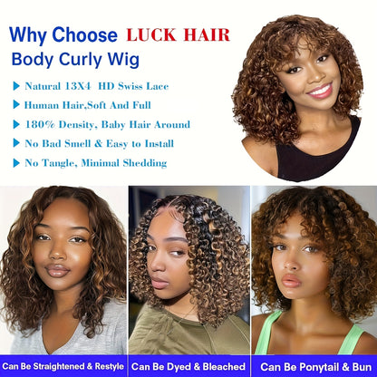 Brazilian Human Hair Short Bob Wig with 13x4 Lace Front - Brown to Blonde Ombre Curly Wigs for Women & Men, 200% Density Water Wave Bob Cut, Full Lace Frontal Wig for Sensitive Scalp (/Korean Style)