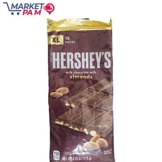 XL 16 PIECES HERSHEY'S milk chocolate with almonds 150 CALORIE PER & PAELLES NET W 4.25 OZ (120 g) ENLARGED T SHOW DETAL