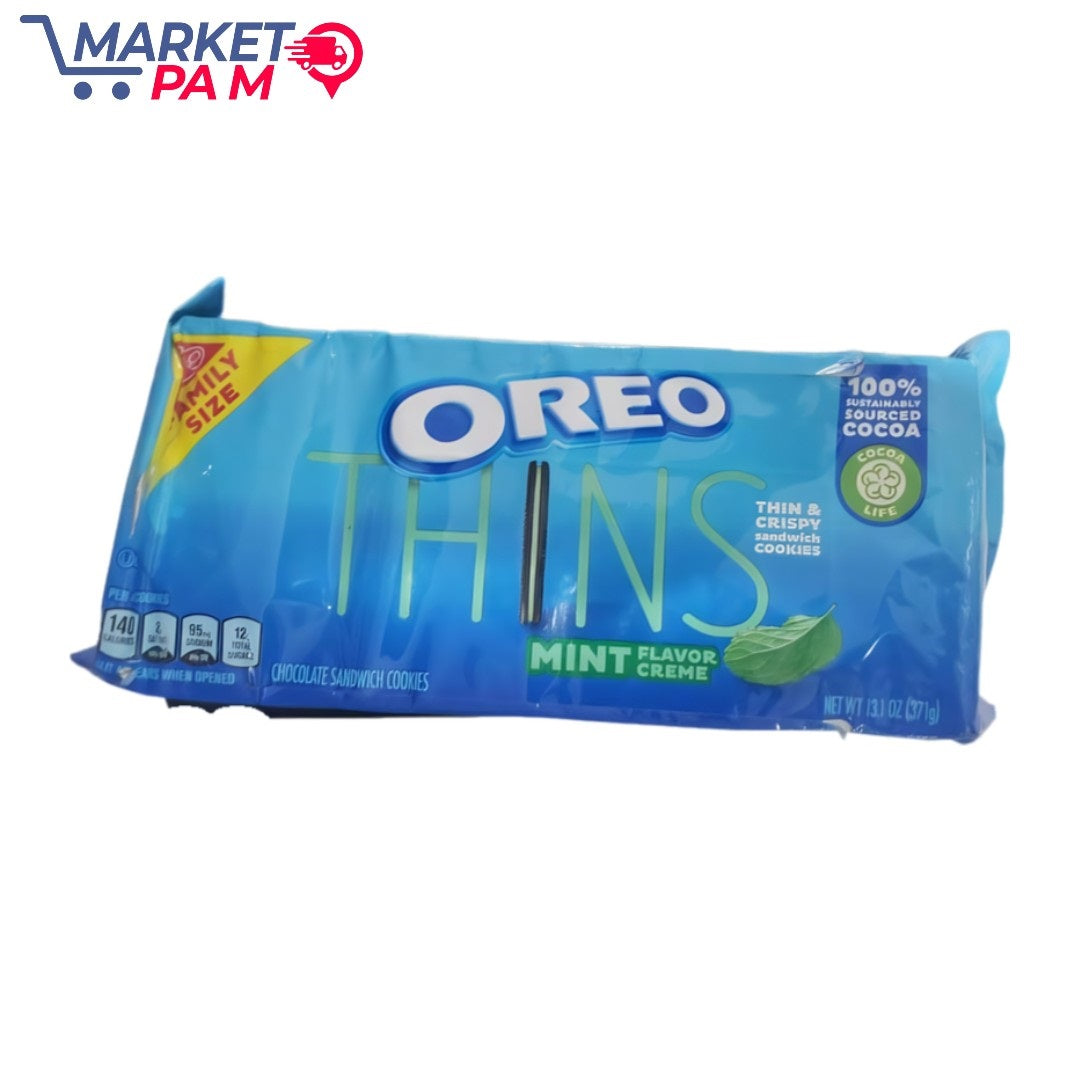 AMILY SIZE OREO HINS THIN & CRISPY sandwich COOKIES PER/O0KS 140 CALORIES 85 12 SOOOM TOTAL DUCAL EARS WHEN OPENED CHOCOLATE SANDWICH COOKIES 100% SUSTAINABLY SOURCED COCOA COCOA LIFE MINT FLAVOR CREME NET WT 131 02 (371g)