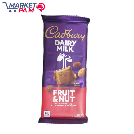 Cadbury DAIRY MILK 140 CALORIES Caobera ENLARGED TO SHOW DETAIL FRUIT & NUT MILK CHOCOLATE WITH RAISINS & ALMONDS NET WIT 3.5 02 (99 m)