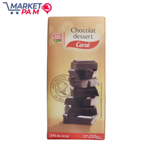 Chocolat dessert Belle France Corse RECETTE au dos 64% de cacao Poids net: 200ge Suggestion de présentation/Serving suggestion