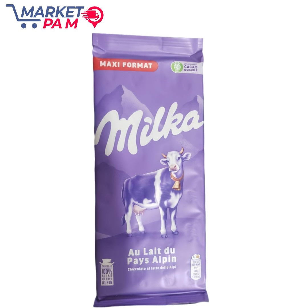 MAXI FORMAT CACAO DURABLE Milka 100% AU LAIT BU PAYS ALPIN Au Lait du Pays Alpin Cloccolato al latte delle Alpi 129 kal