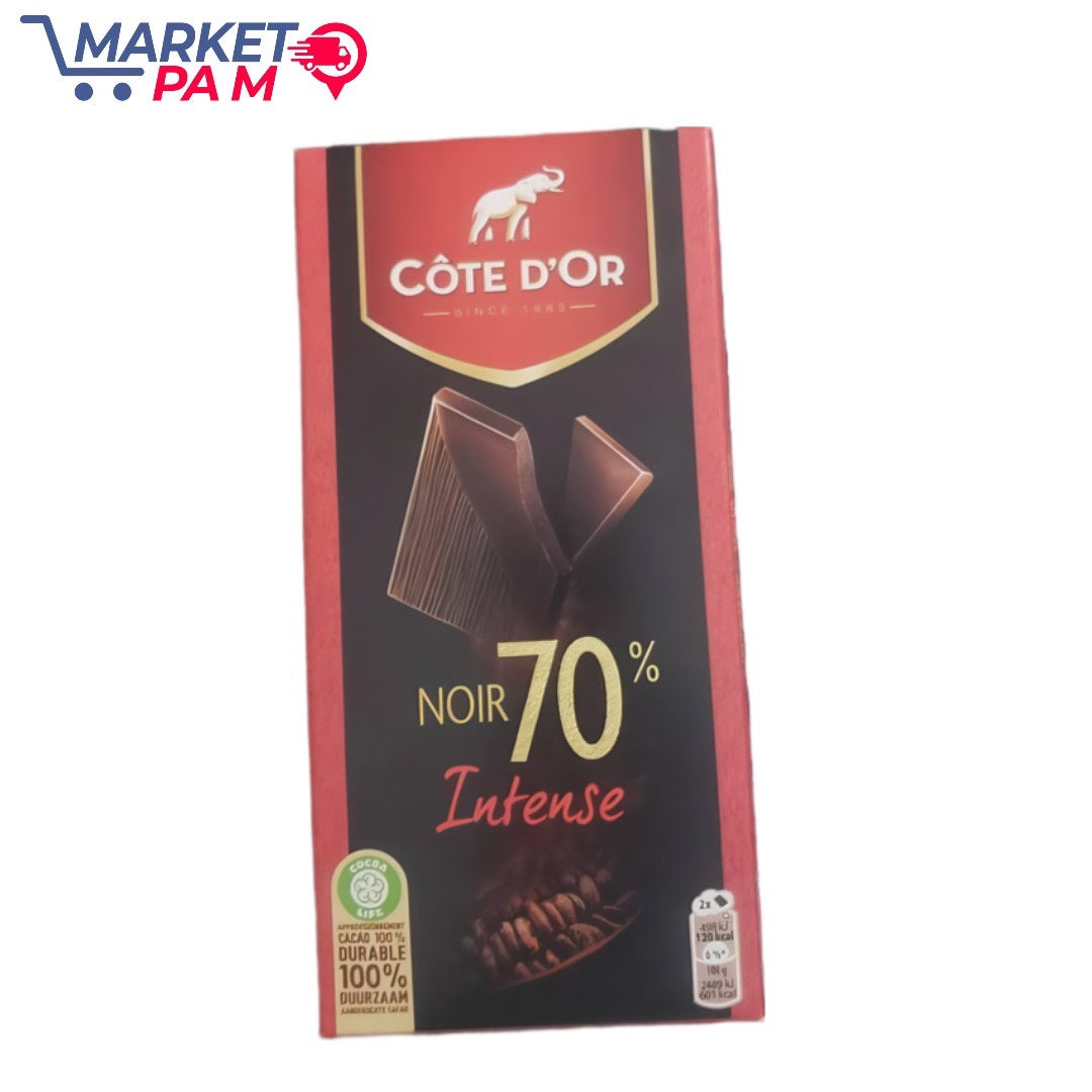 CÔTE D'OR SINCE 1443- NOIR R70% Intense LIFE APPENGORDEST CACAO 100% DURABLE 100% DUURZAAM AARENICATE Fara 120 kcal 101 2409 kJ 601ical