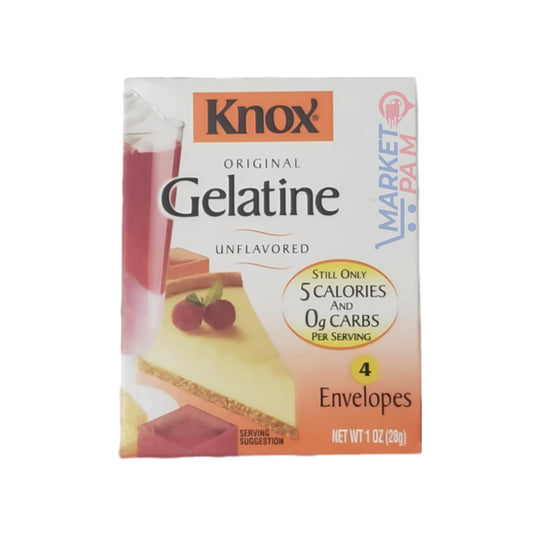 KNOX ORIGINAL GELATINE, UNFLAVORED/ STILL ONLY 5 CALORIES ANG 0 g CARBS PER SERVING/ NET WT 1 OZ (28g)