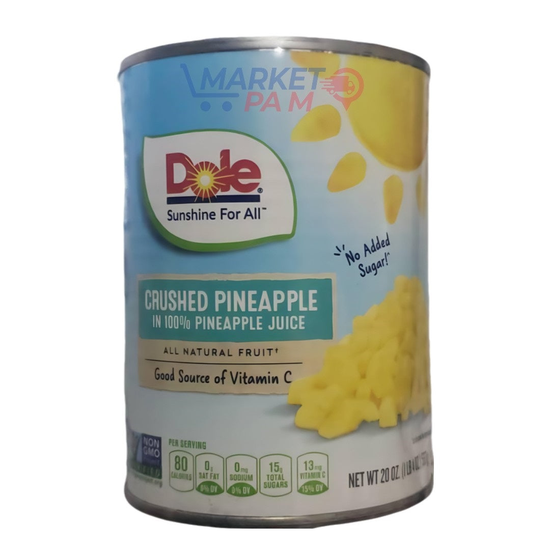 DOLE SUNSHINE FOR ALL , CRUSHED PINEAPPLE IN 100 % PINEAPPLE JUICE, NET WT 20 OZ