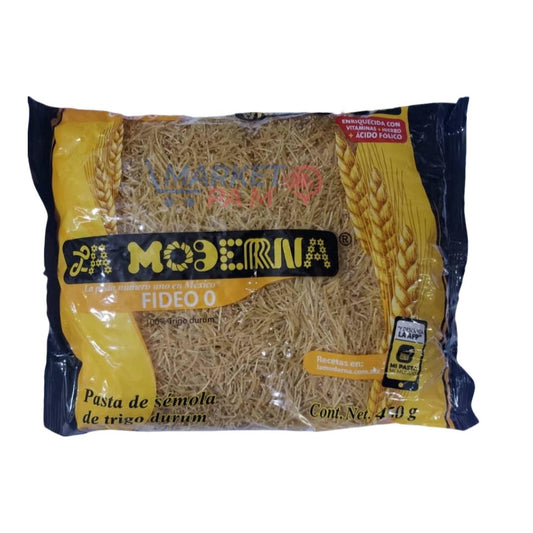 ENRIQUECIDA CON VITAMINAS HIERRO + ÁCIDO FÓLICO/ LA MODERNA/ Numéro uno en México/ FIDEO O 100% Trigo durum Pasta de semola de trigo durum Recetas en: la moderna / Cont.Net. 450 g