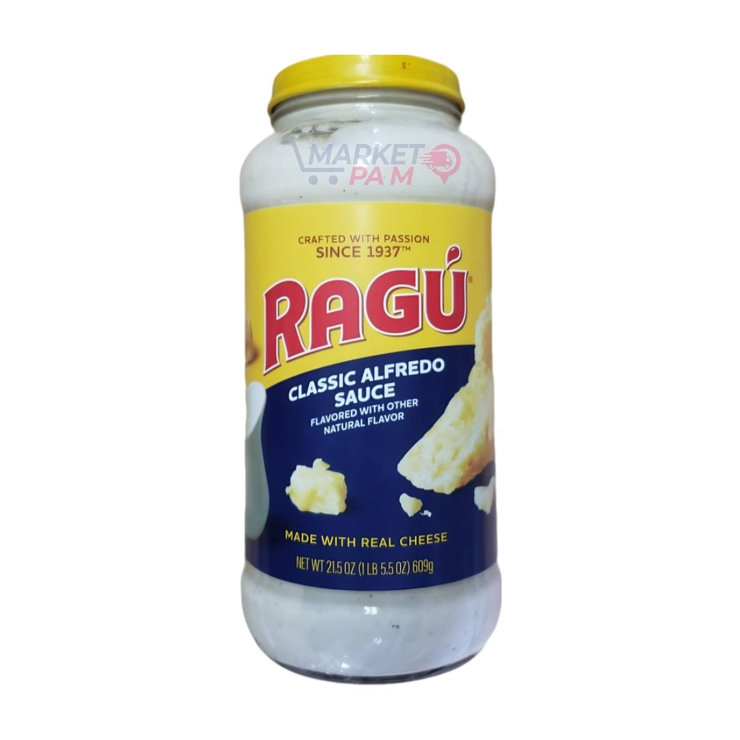 CRAFTED WITH PASSION │ SINCE 1937TH │ RAGU │CLASSIC ALFREDO SAUCE │ FLAVORED WITH OTHER NATURAL FLAVOR │ MADE WITH REAL CHEESE │NET WT 21.5 OZ (1 LB 5.5 02) 609 g