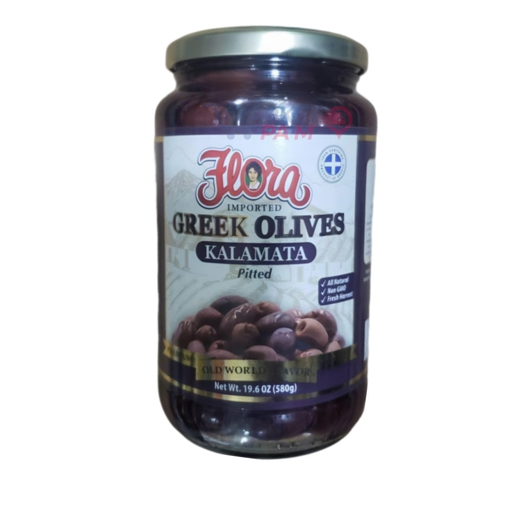 FLORA IMPORTED │ GREEK OLIVES KALAMATA PITED │ NET WT 19.6 OZ (580 g)