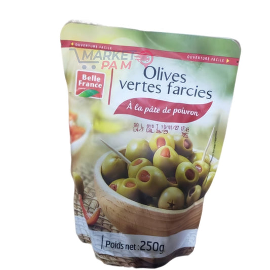 OLIVES VERTE FARCIES │ À LA PÂTE DE POIVRON  │ POIDS NET : 250 g