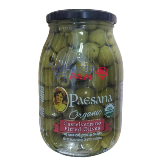 PAESANA ORGANIC │ CASTELVETRANO PITTED OLIVES │NET WT 34.2 OZ (70g)  DR WT 17.6 OZ (500g)
