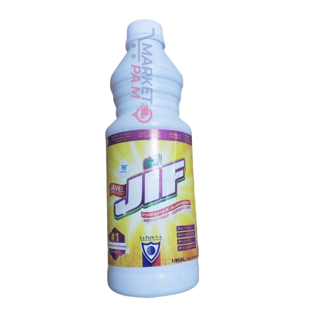 JIF │ JAVEL 5% CHLORE │ PURIFICATEUR *BALNCHISSANT │ ANTISEPTIQUE * DERODORISANT│ 1/8 GAL