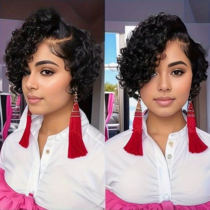 Women'S 13x4 Lace Front Human Hair Wig - Natural Black Short Bob with Water Wave Texture, Density Curly Pixie Cut, Elastic Band Closure & Breathable Lace for | Realistic Short Hairstyle for Everyday & Special Occasions (No Ma