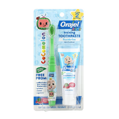 Orajel, Enfants, Cocomelon dentifrice d'entraînement avec brosse à dents, Sans fluor, 0-3 ans, Pastèque, Ensemble 2 pièces, 28,3 g