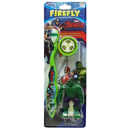Iron Man and The Hulk Kids Toothbrush with Mini Chain Figurine and Travel Cap