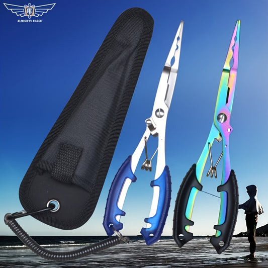 Saltwater Resistant Fishing Pliers with Split Ring Hook Removers, Lanyard & Sheath - Essential Fishing Gear Accessories for Easy Tackle Management - Stainless Steel - For Anglers - Ideal for Saltwater & Freshwater Fishing - G