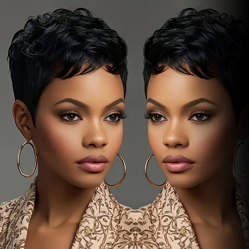 Women'S Brazilian Human Hair Wig - Natural Look Short Pixie Cut, 6 Inch, 150% Density, Straight Hair, 1B Color, Rose Net Cap, for Everyday & Special Occasions