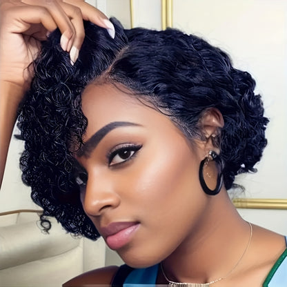 Women'S 13x4 Lace Front Human Hair Wig - Natural Black Short Bob with Water Wave Texture, Density Curly Pixie Cut, Elastic Band Closure & Breathable Lace for | Realistic Short Hairstyle for Everyday & Special Occasions (No Ma