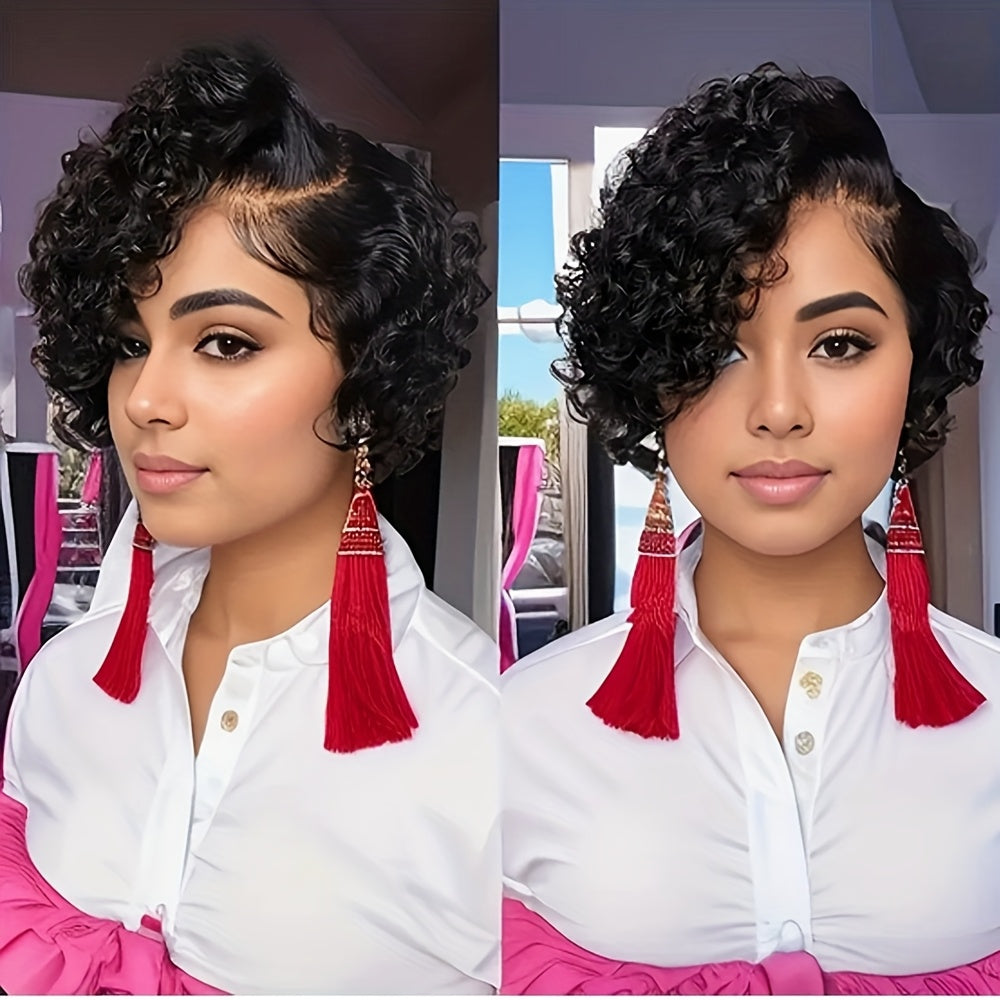Women'S 13x4 Lace Front Human Hair Wig - Natural Black Short Bob with Water Wave Texture, Density Curly Pixie Cut, Elastic Band Closure & Breathable Lace for | Realistic Short Hairstyle for Everyday & Special Occasions (No Ma