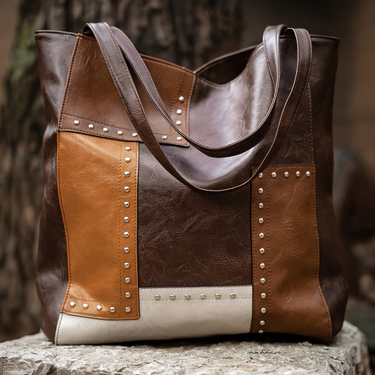 Vintage-Inspired Patchwork Tote Handbag - Colorblock Design, Retro Style, Spacious Interior, Durable Shoulder Straps, and Magnetic Closure - Unique, Handcrafted, and Perfect for Daily Use