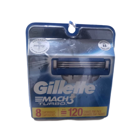 GILLETTE, MACH TURBO 3 , 8 CARTIDGES CARTOUCHES = 120 SHAVES PERS PACK, RASAGES PAR PAQUET