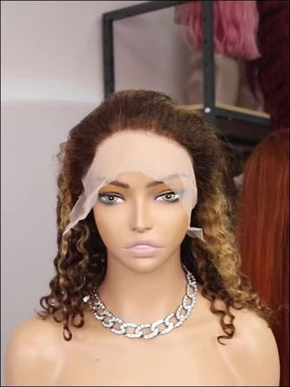 Brazilian Human Hair Short Bob Wig with 13x4 Lace Front - Brown to Blonde Ombre Curly Wigs for Women & Men, 200% Density Water Wave Bob Cut, Full Lace Frontal Wig for Sensitive Scalp (/Korean Style)