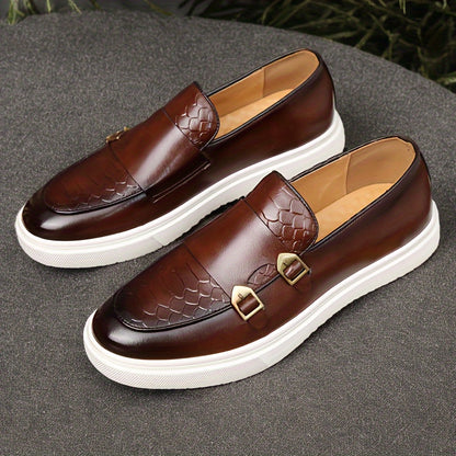 Men'S Slip-on Loafers Business Casual Black& Brown& Golden Carp Scale& Metal Buckle Decoration PU Cushioned Insole Anti-slip Rubber Sole Formal Meeting Shoes Daily Wear Round Toe Cap Suitable for Office/Party/Street Style Com