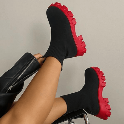 Women's Thick-soled Short Boots, Knitted Round Toe Shoes